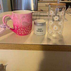 BUNDLE OF 3 ITEMS: Pink Mug, Happy Birthday Candle & Glass with Lid and Straw